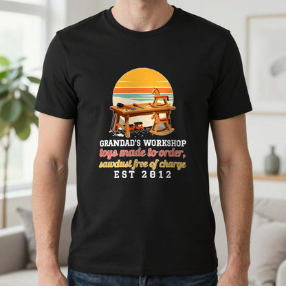 Personalised Grandad Workshop Christmas Jumper & T-Shirt T-Shirt in Black, worn, our photo