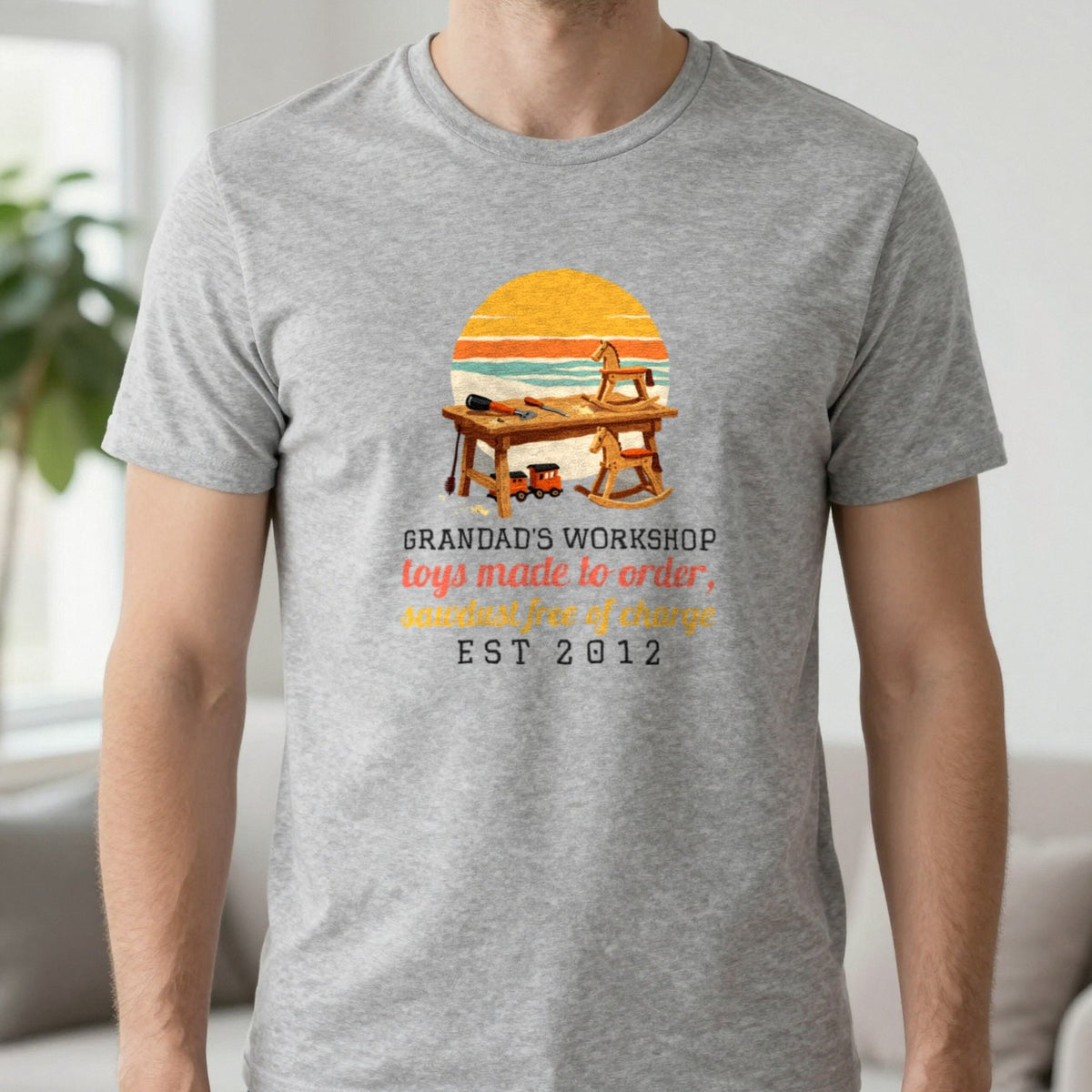 Personalised Grandad Workshop Christmas Jumper & T-Shirt T-Shirt in Sport Grey, worn, our photo