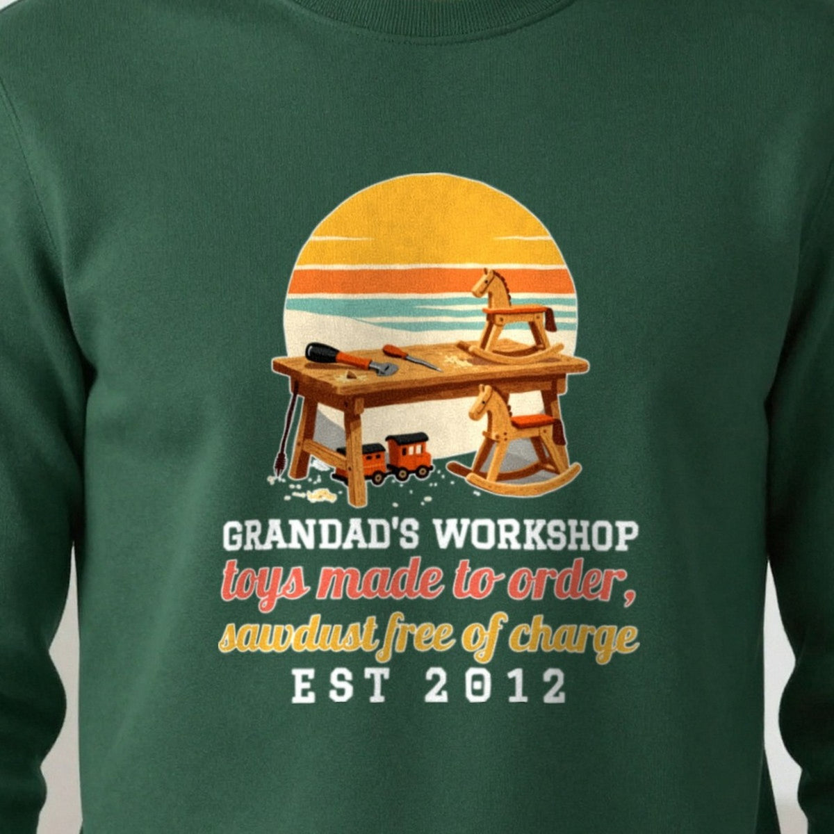 Personalised Grandad Workshop Christmas Jumper & T-Shirt print close-up, our photo