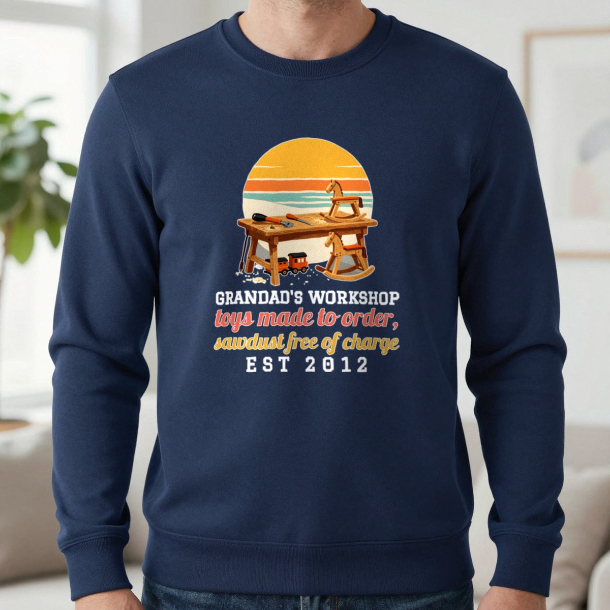 Personalised Grandad Workshop Christmas Jumper & T-Shirt Sweatshirt in Navy, worn, our photo