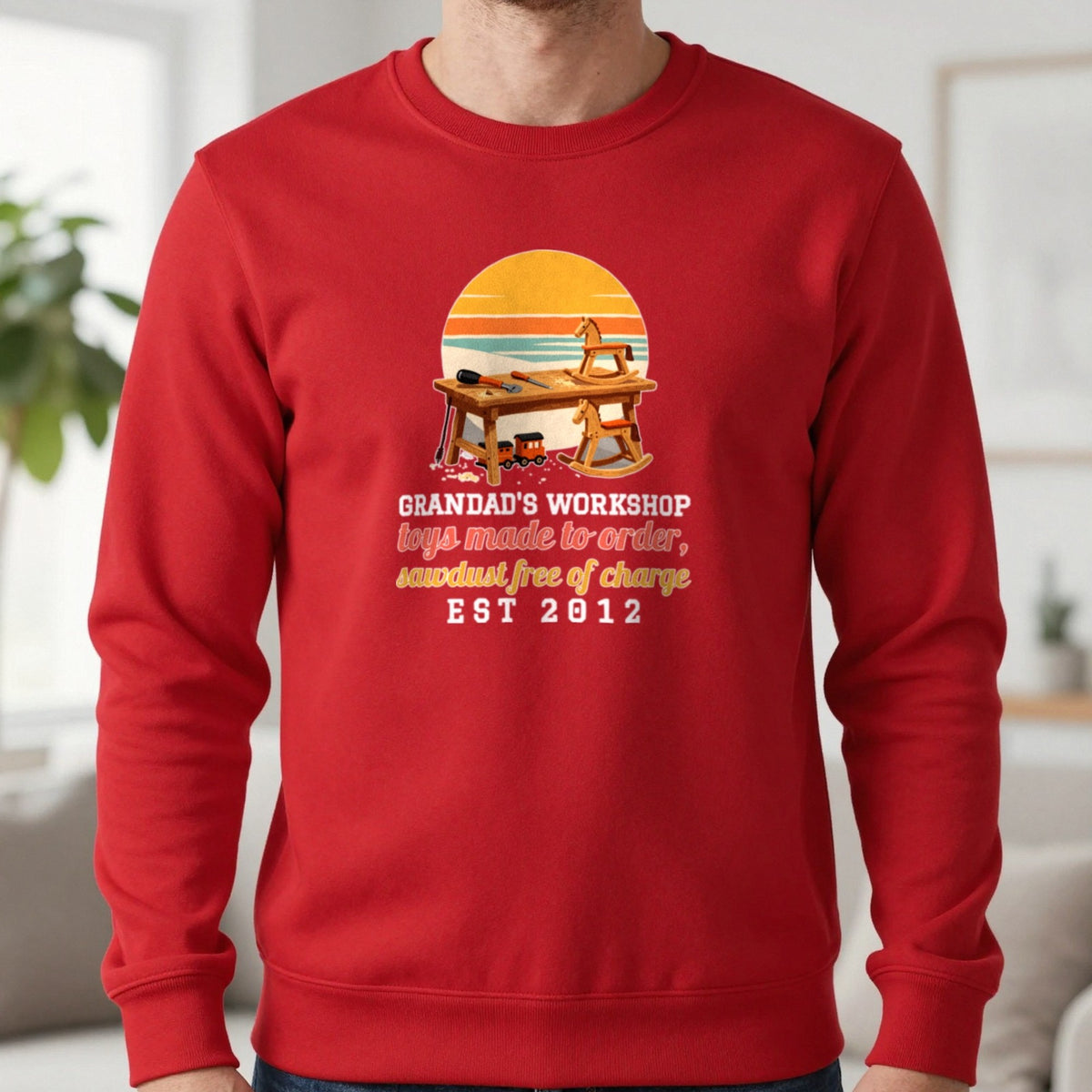 Personalised Grandad Workshop Christmas Jumper & T-Shirt Sweatshirt in Red, worn, our photo