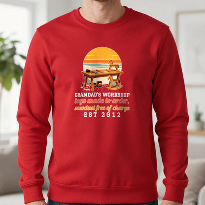 Personalised Grandad Workshop Christmas Jumper & T-Shirt Sweatshirt in Red, worn, our photo