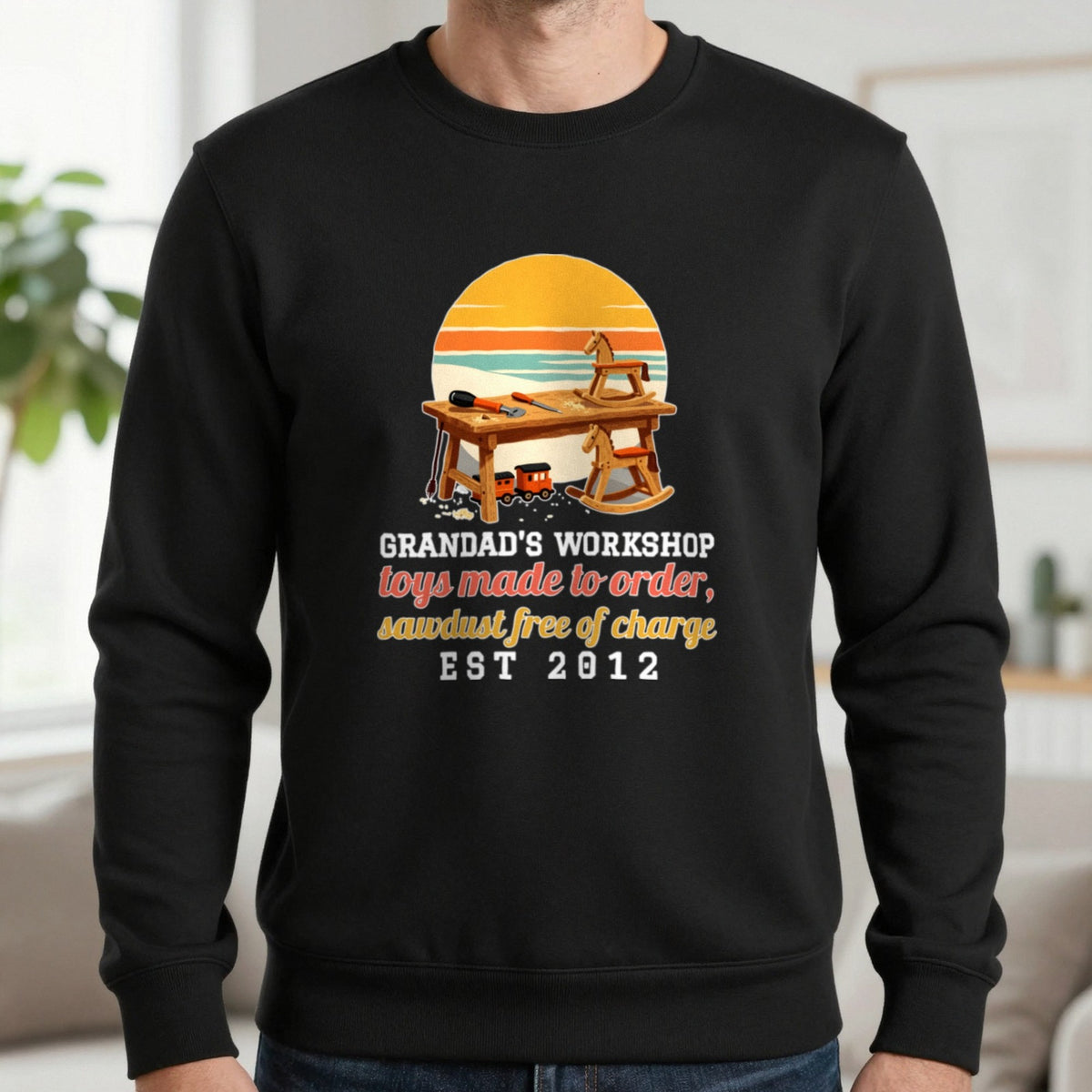 Personalised Grandad Workshop Christmas Jumper & T-Shirt Sweatshirt in Black, worn, our photo