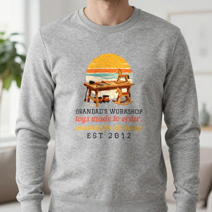 Personalised Grandad Workshop Christmas Jumper & T-Shirt Sweatshirt in Sport Grey, worn, our photo