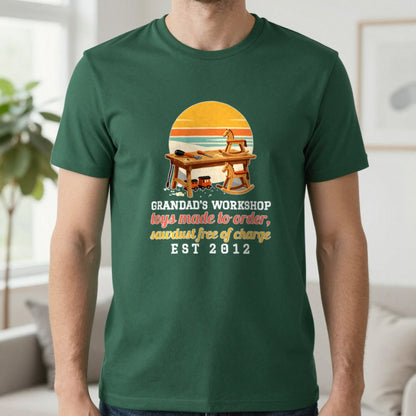 Personalised Grandad Workshop Christmas Jumper & T-Shirt T-Shirt in Forest Green, worn, our photo
