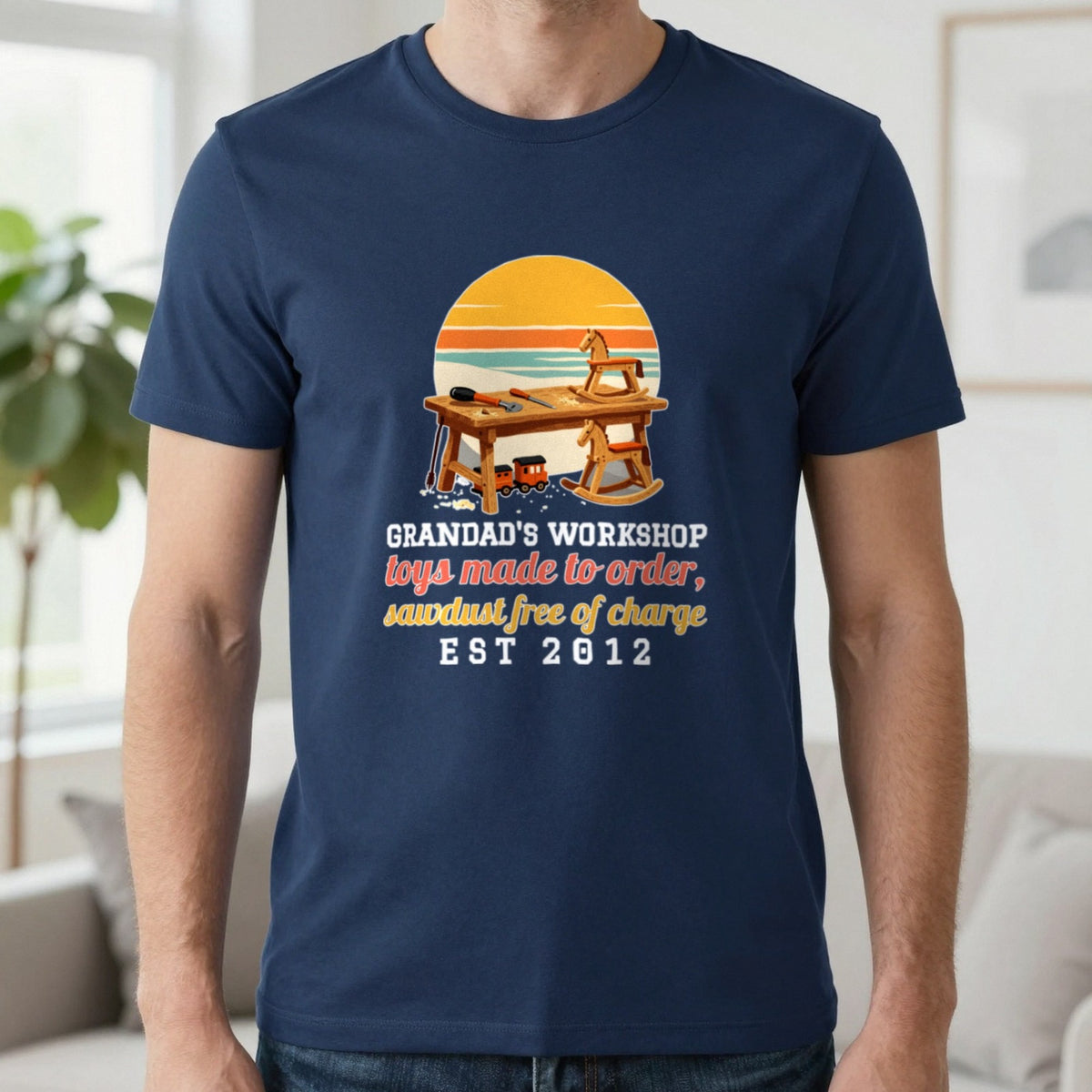 Personalised Grandad Workshop Christmas Jumper & T-Shirt T-Shirt in Navy, worn, our photo
