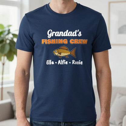 Personalised Grandad's Fishing Crew T-Shirt & Sweatshirt T-Shirt in Navy, worn, our photo