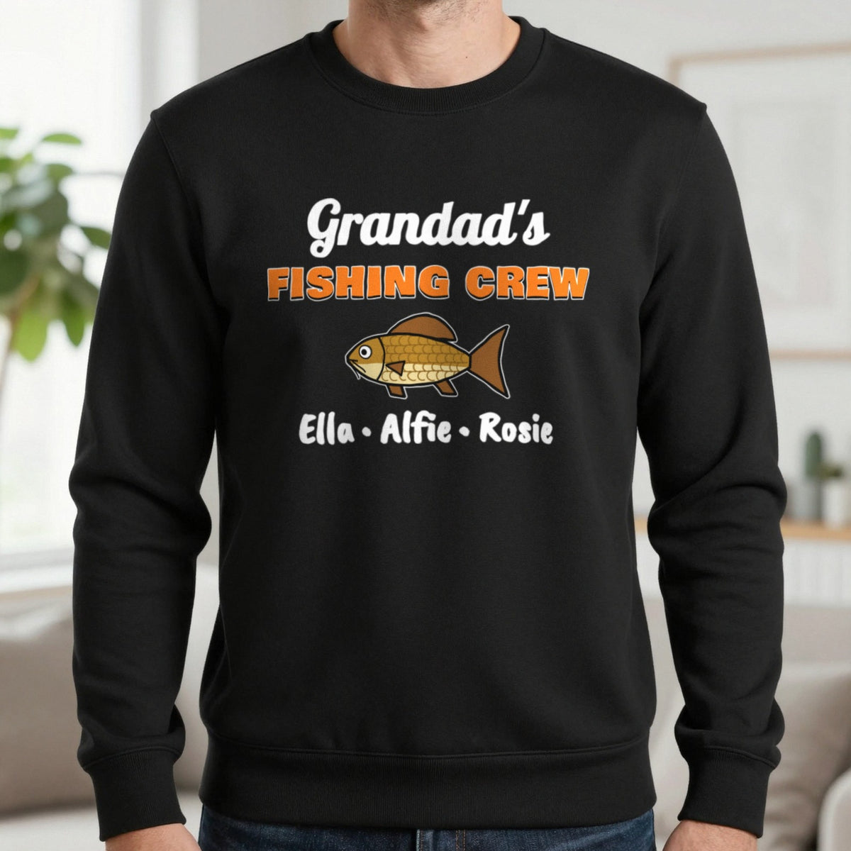 Personalised Grandad's Fishing Crew T-Shirt & Sweatshirt Sweatshirt in Black, worn, our photo