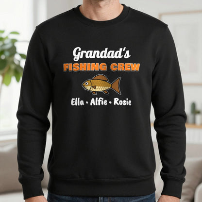 Personalised Grandad's Fishing Crew T-Shirt & Sweatshirt Sweatshirt in Black, worn, our photo