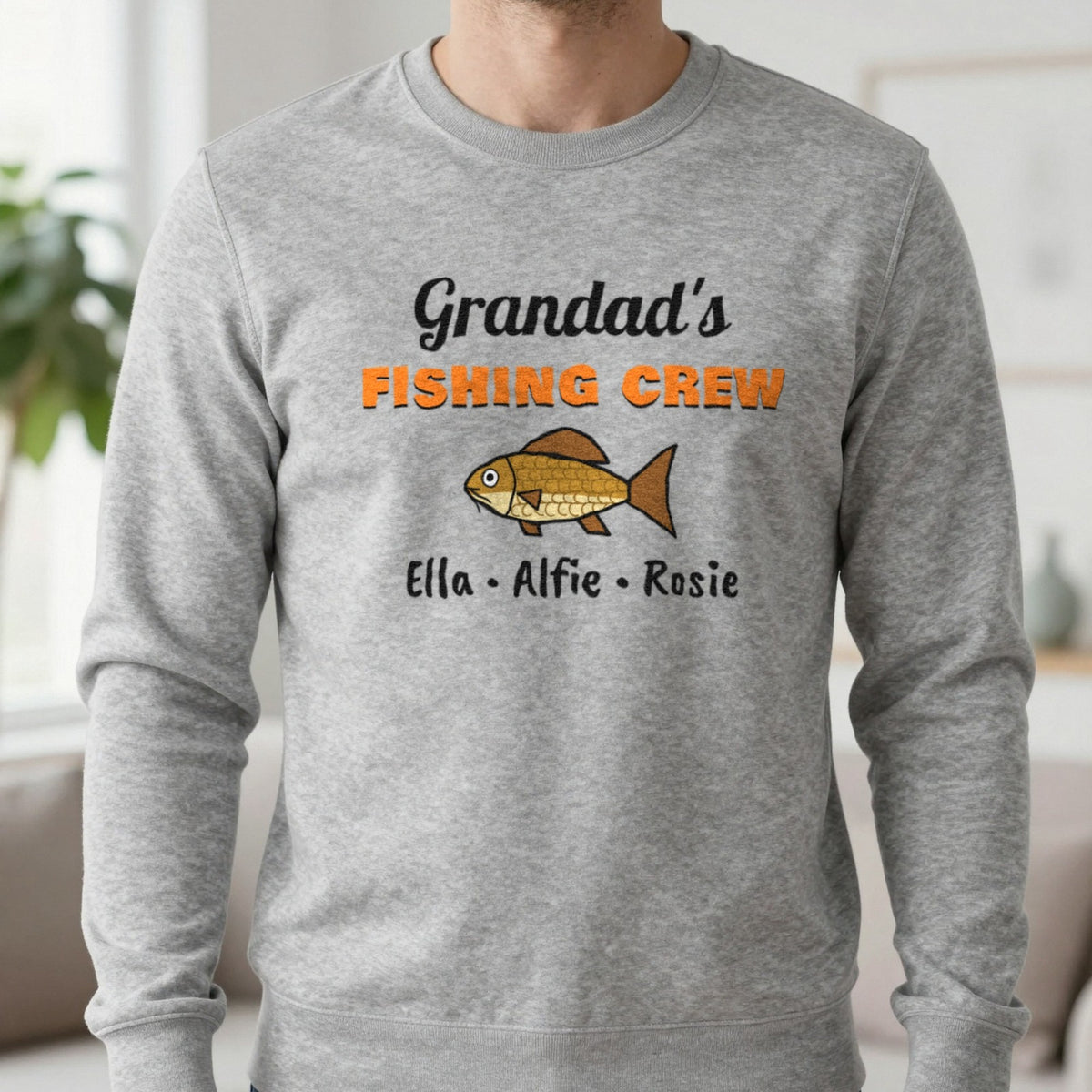 Personalised Grandad's Fishing Crew T-Shirt & Sweatshirt Sweatshirt in Sport Grey, worn, our photo