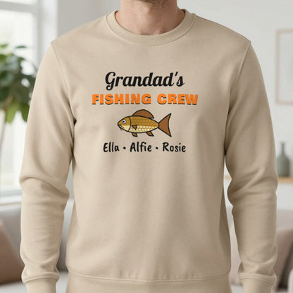 Personalised Grandad's Fishing Crew T-Shirt & Sweatshirt Sweatshirt in Sand, worn, our photo