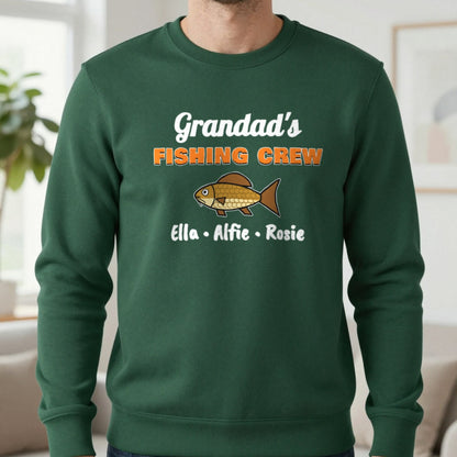 Personalised Grandad's Fishing Crew T-Shirt & Sweatshirt Sweatshirt in Forest Green, worn, our photo