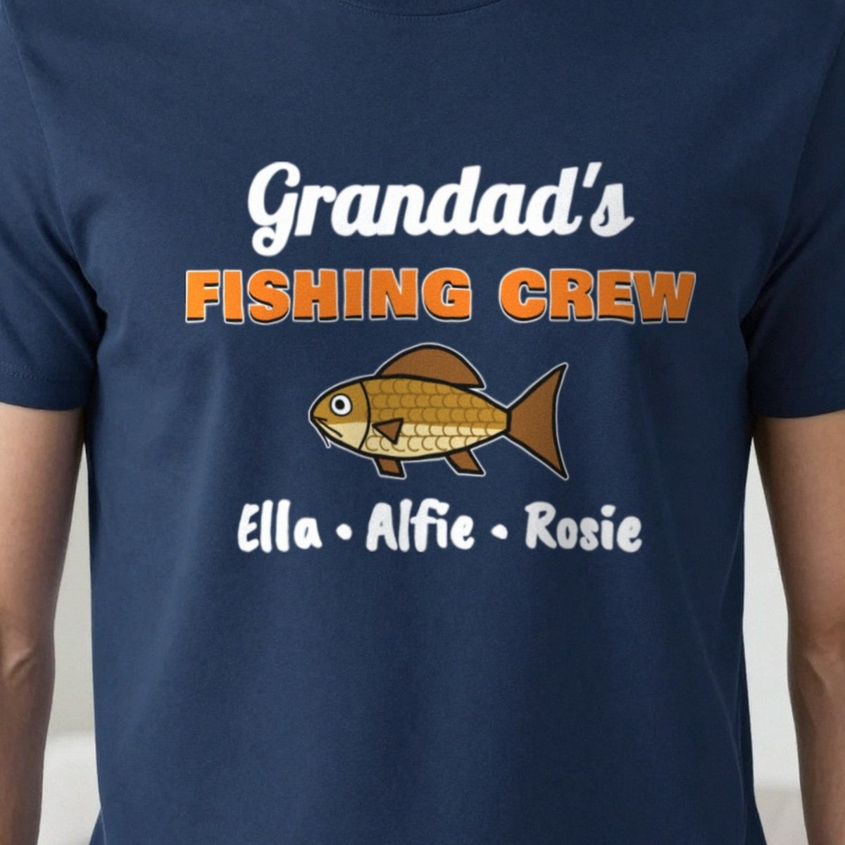 Personalised Grandad's Fishing Crew T-Shirt & Sweatshirt print close-up, our photo