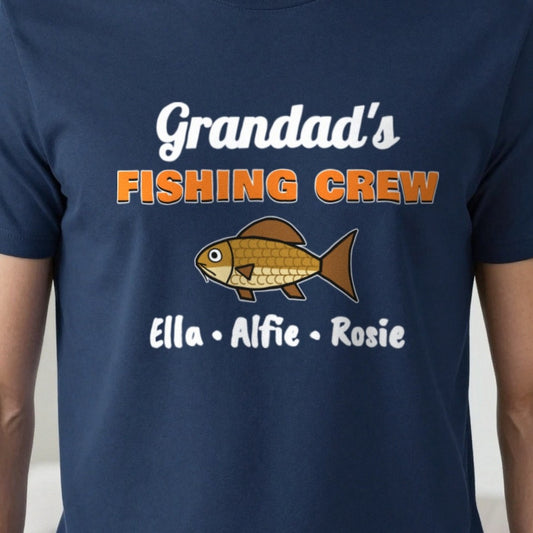 Personalised Grandad's Fishing Crew T-Shirt & Sweatshirt print close-up, our photo