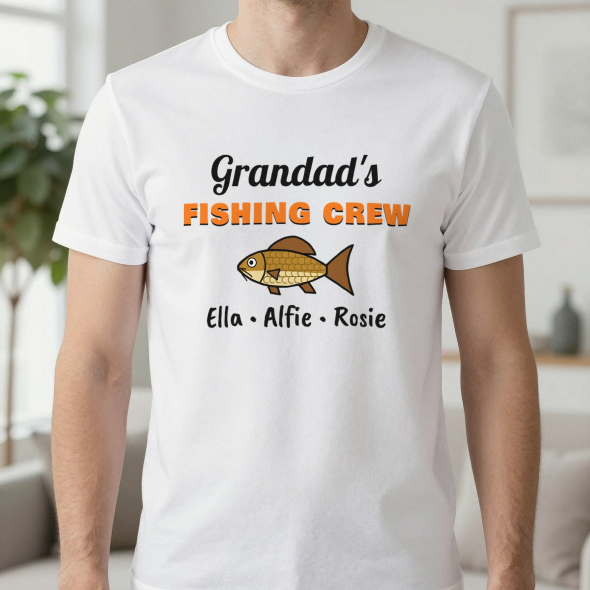 Personalised Grandad's Fishing Crew T-Shirt & Sweatshirt T-Shirt in White, worn, our photo
