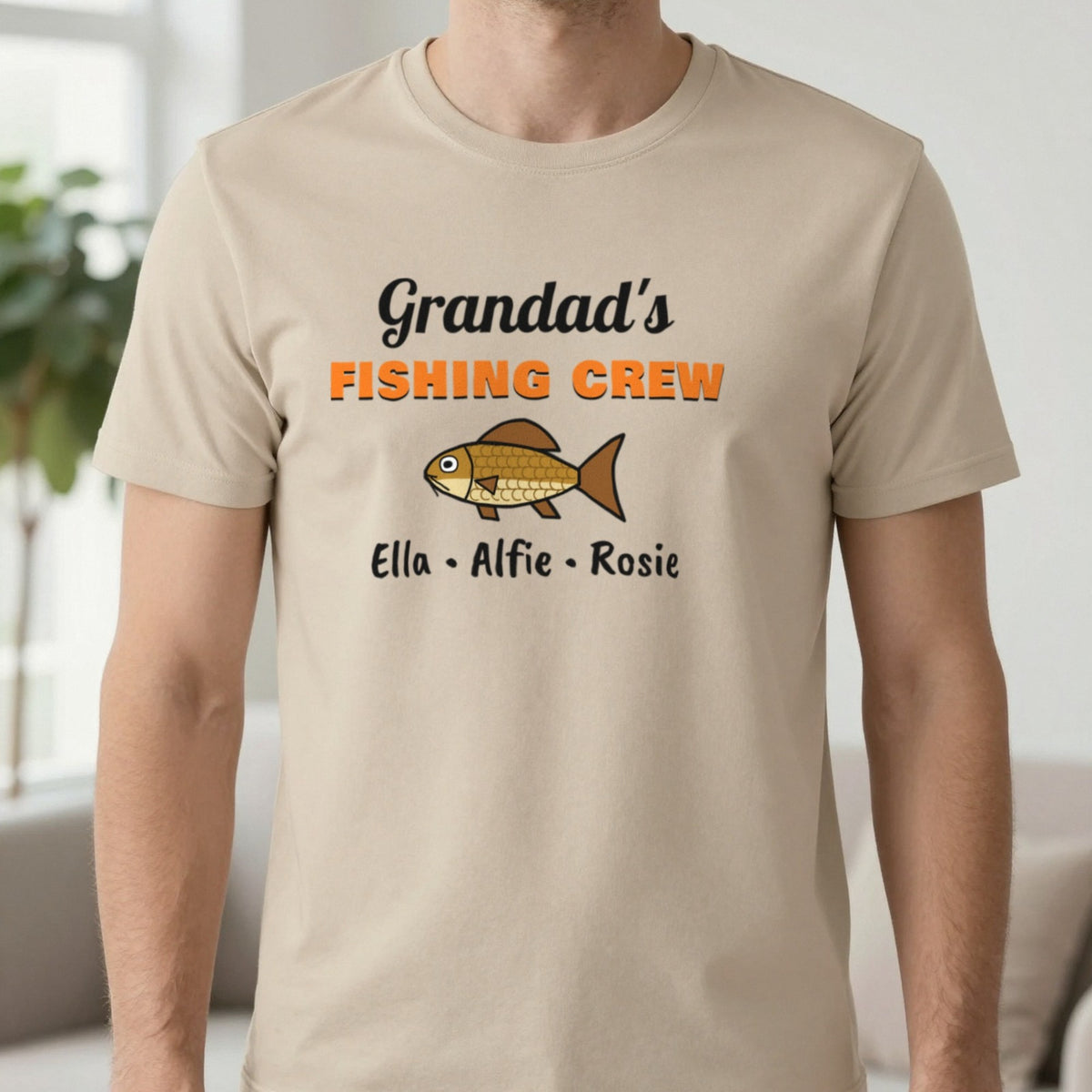 Personalised Grandad's Fishing Crew T-Shirt & Sweatshirt T-Shirt in Sand, worn, our photo