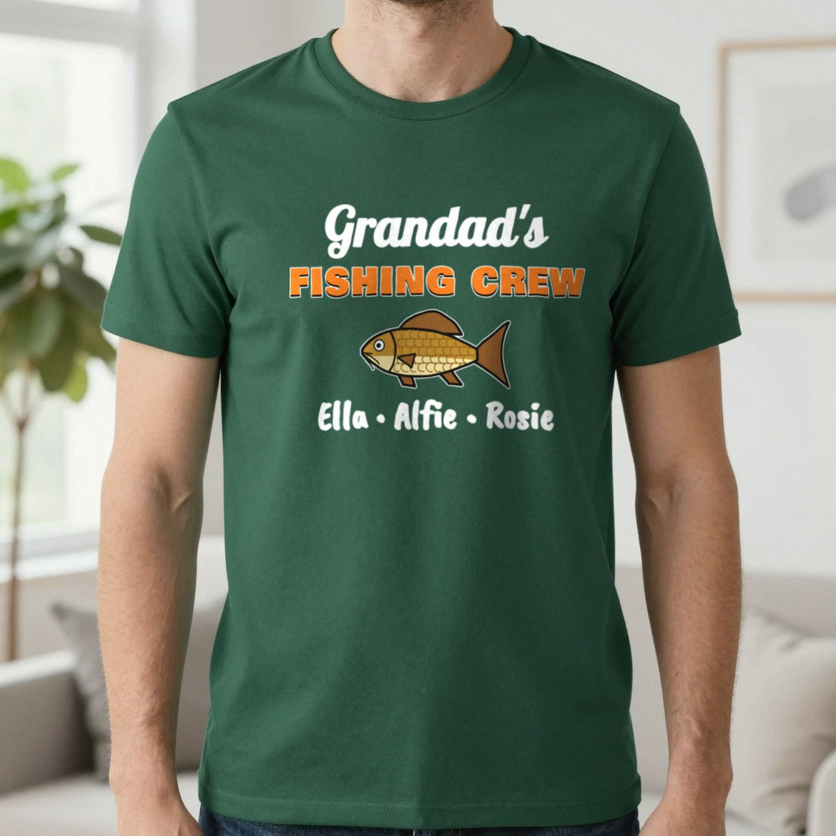 Personalised Grandad's Fishing Crew T-Shirt & Sweatshirt T-Shirt in Forest Green, worn, our photo