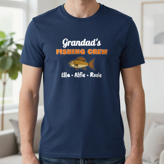 Personalised Grandad's Fishing Crew T-Shirt & Sweatshirt T-Shirt in Navy, worn, our photo