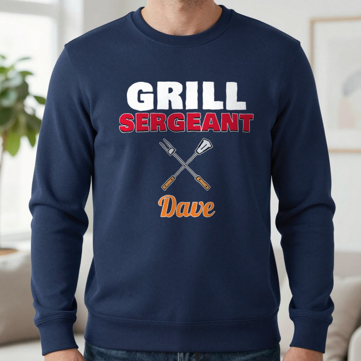 Personalised Grill Sergeant T-Shirt & Sweatshirt Sweatshirt in Navy, worn, our photo