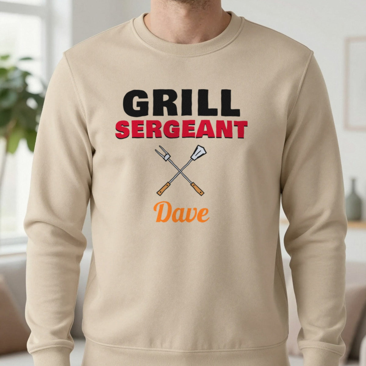 Personalised Grill Sergeant T-Shirt & Sweatshirt Sweatshirt in Sand, worn, our photo