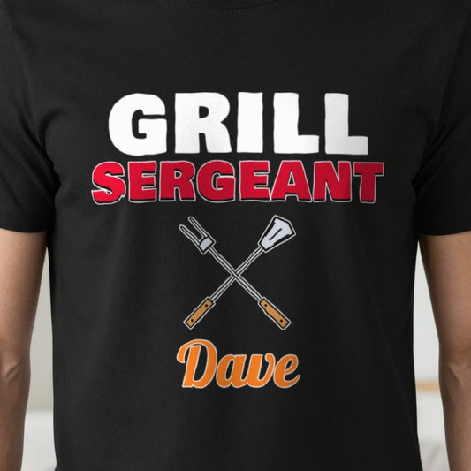 Personalised Grill Sergeant T-Shirt & Sweatshirt print close-up, our photo