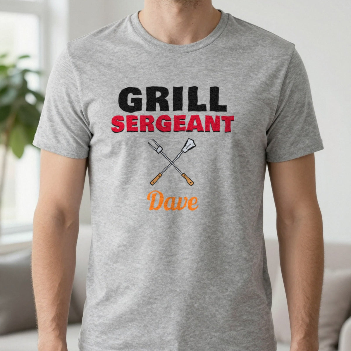 Personalised Grill Sergeant T-Shirt & Sweatshirt T-Shirt in Sport Grey, worn, our photo