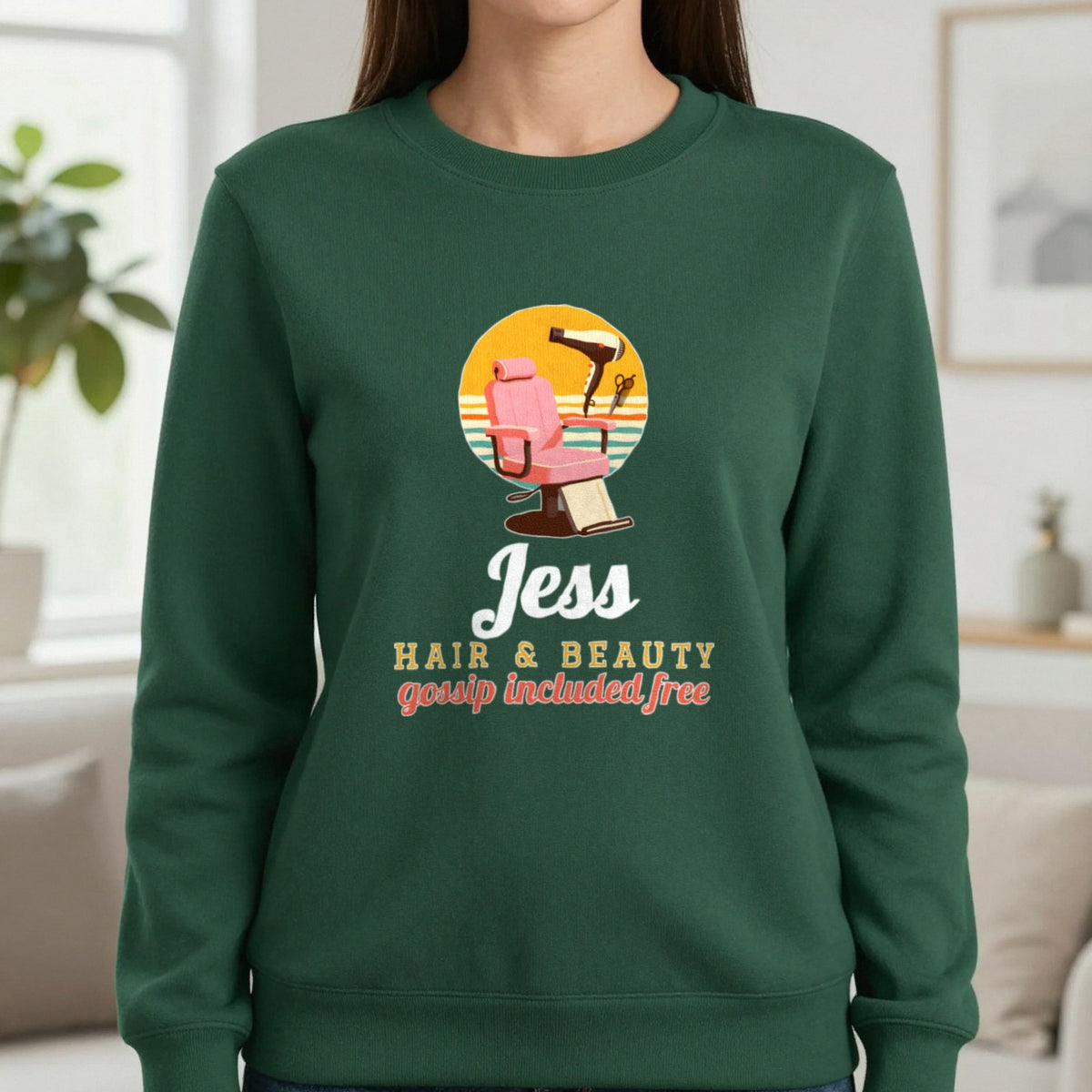 Personalised Hairdresser T-Shirt & Sweatshirt Sweatshirt in Forest Green, worn, our photo