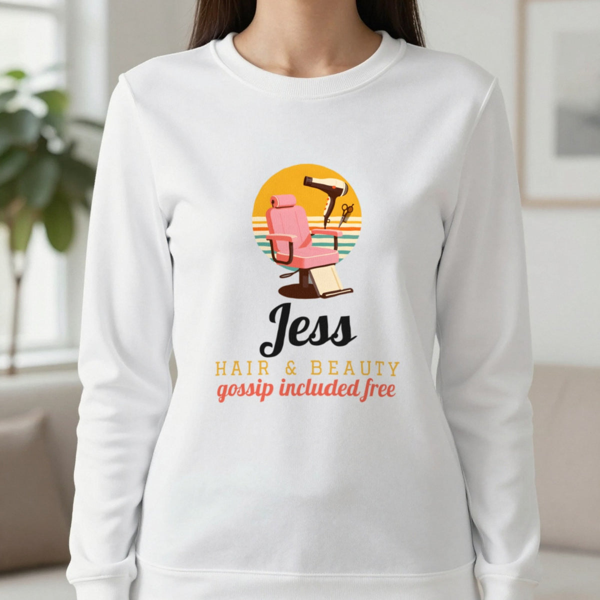 Personalised Hairdresser T-Shirt & Sweatshirt Sweatshirt in White, worn, our photo