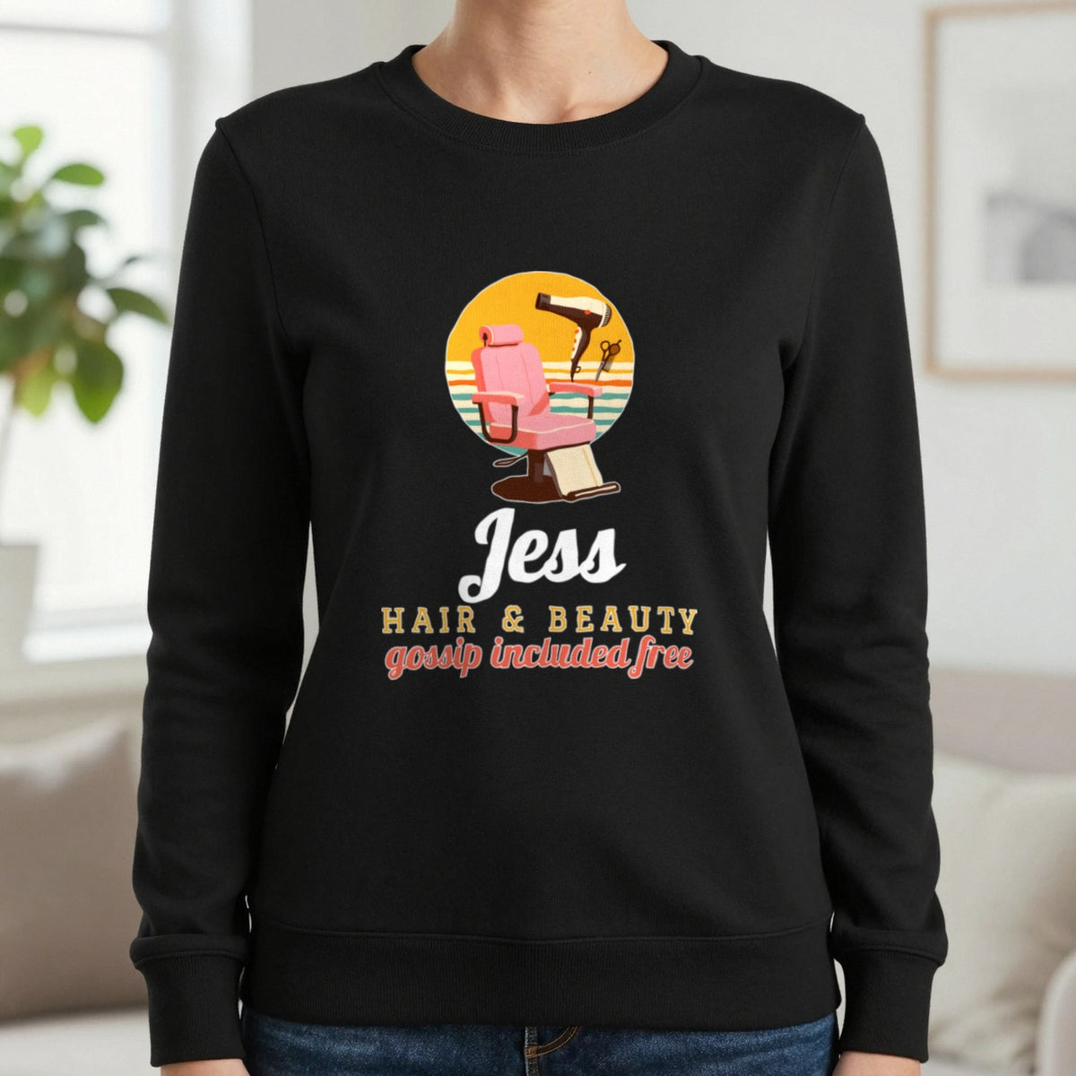 Personalised Hairdresser T-Shirt & Sweatshirt Sweatshirt in Black, worn, our photo