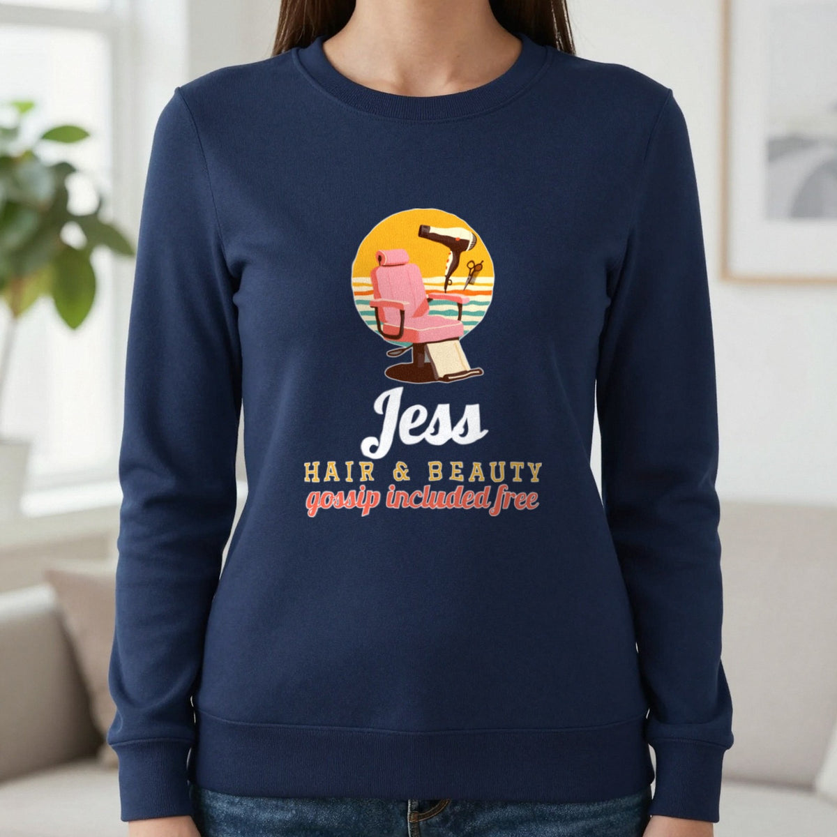 Personalised Hairdresser T-Shirt & Sweatshirt Sweatshirt in Navy, worn, our photo