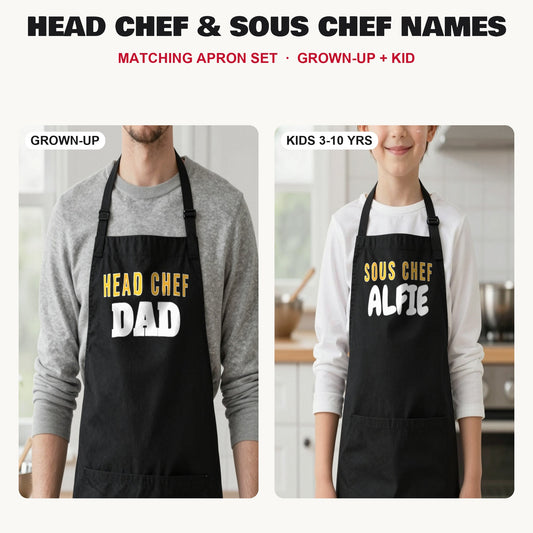 Head Chef & Sous Chef Names matching apron set in Black: grown-up and kids aprons, our photo