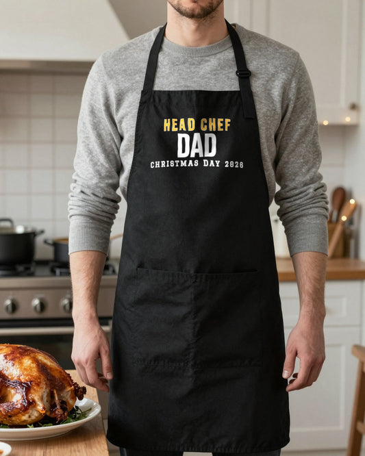 Head Chef Name Christmas Day Christmas apron in Black, worn, our photo