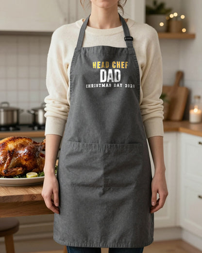 Head Chef Name Christmas Day Christmas apron in Dark Grey, worn, our photo