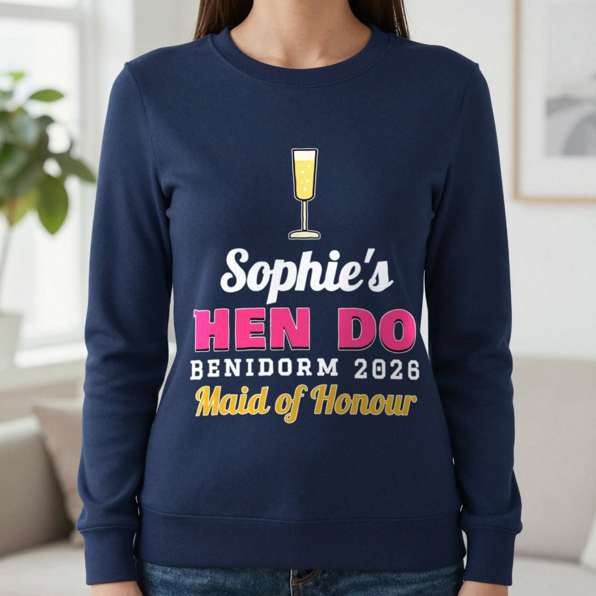 Personalised Hen Do T-Shirts Sweatshirt in Navy, worn, our photo
