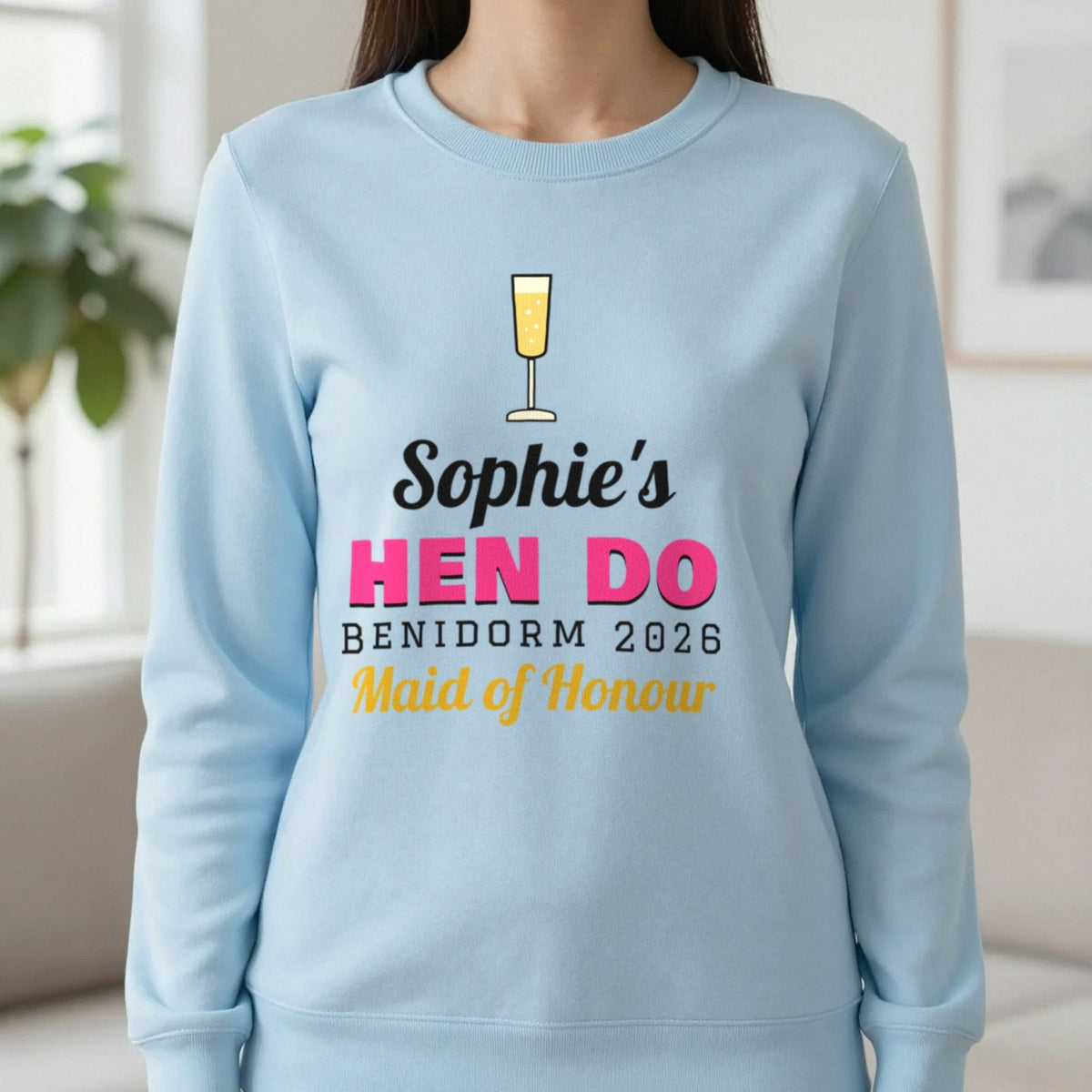 Personalised Hen Do T-Shirts Sweatshirt in Light Blue, worn, our photo
