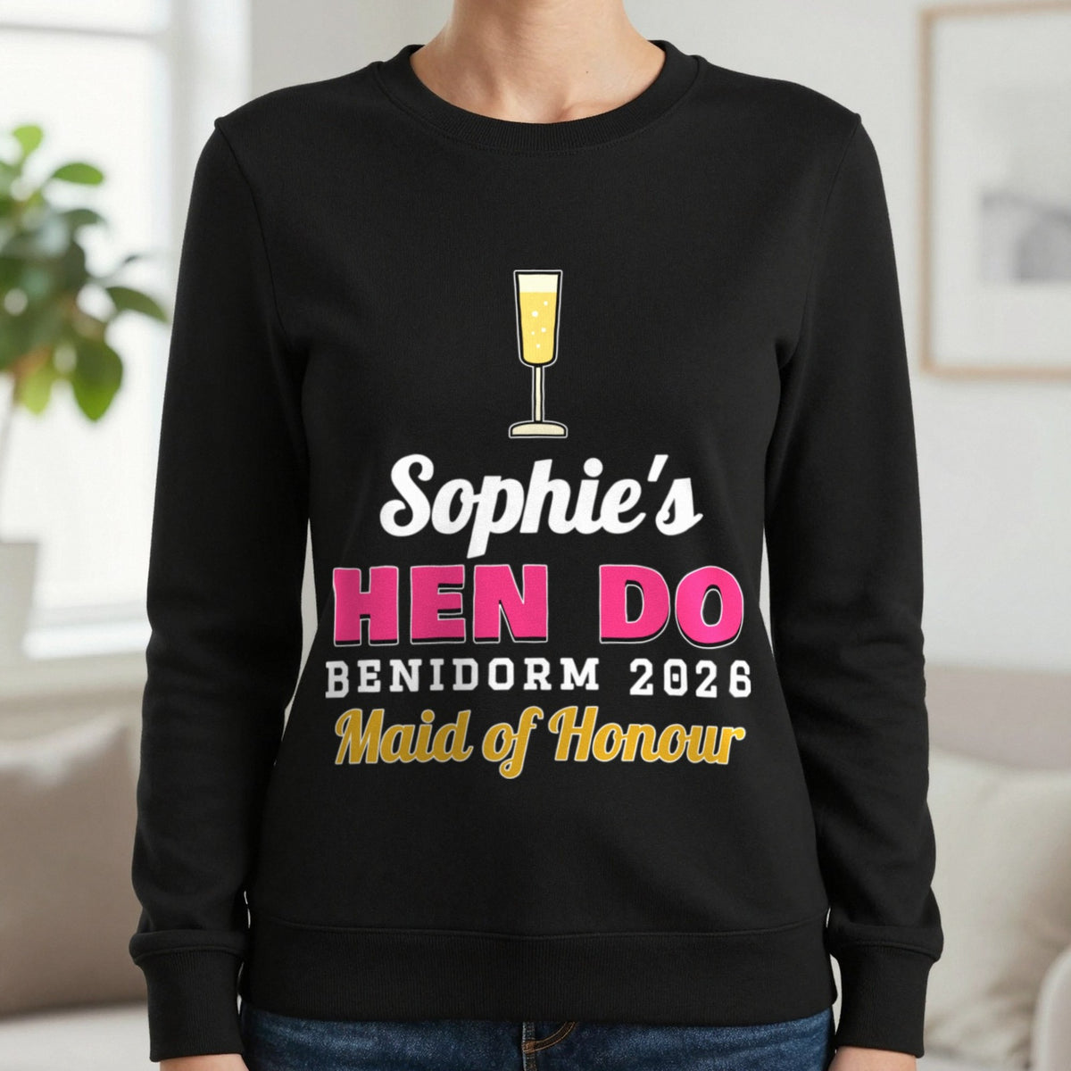 Personalised Hen Do T-Shirts Sweatshirt in Black, worn, our photo