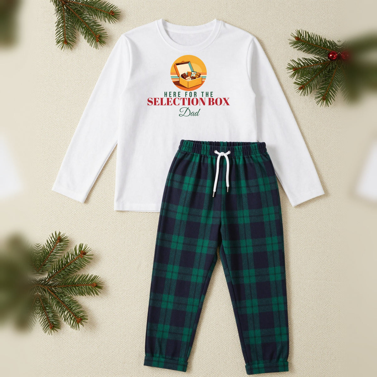 Here For The Selection Box Personalised Christmas Pyjamas, Adult in White / Green Tartan, our photo