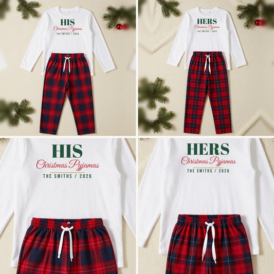 His Hers The Dog matching couples Christmas pyjamas set, each with their own name