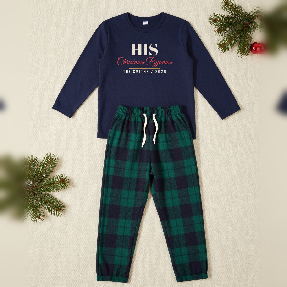 His & Hers Personalised Matching Couples Christmas Pyjamas Set, Adult in Navy / Green Tartan, our photo