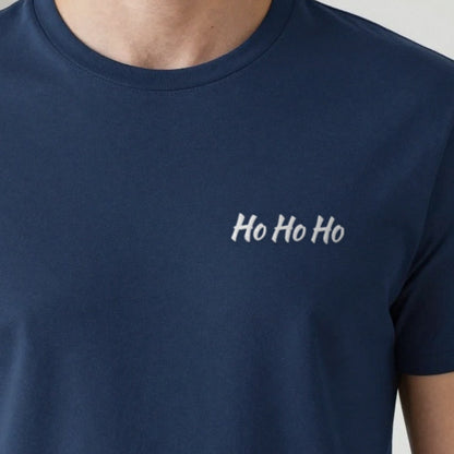 Ho Ho Ho Embroidered Christmas Jumper, adult t-shirt in navy, embroidered