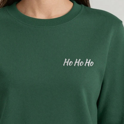 Ho Ho Ho Embroidered Christmas Jumper, adult sweatshirt in forest green, embroidered