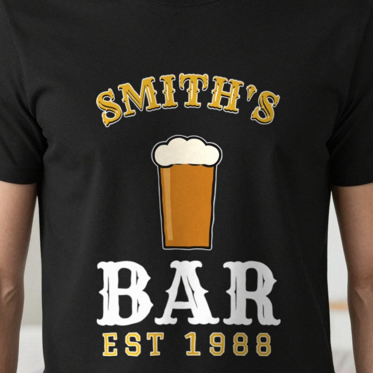 Personalised Home Bar T-Shirt & Sweatshirt print close-up, our photo
