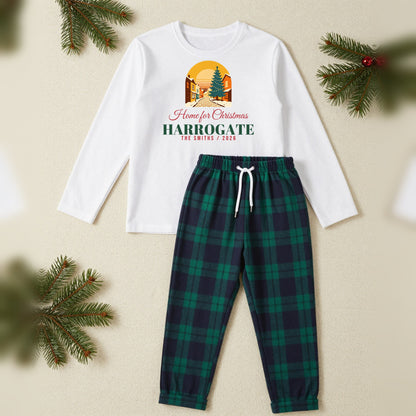 Home For Christmas Personalised Matching Family Christmas Pyjamas Set, Adult in White / Green Tartan, our photo