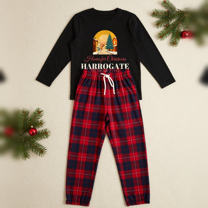 Home For Christmas Personalised Matching Family Christmas Pyjamas Set, Adult in Black / Red Tartan, our photo