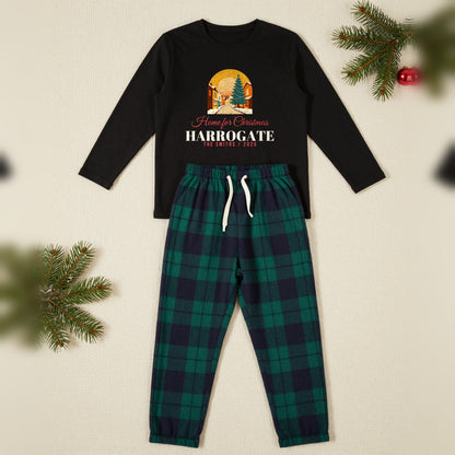 Home For Christmas Personalised Matching Family Christmas Pyjamas Set, Adult in Black / Green Tartan, our photo