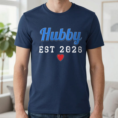Personalised Hubby Est. T-Shirt T-Shirt in Navy, worn, our photo