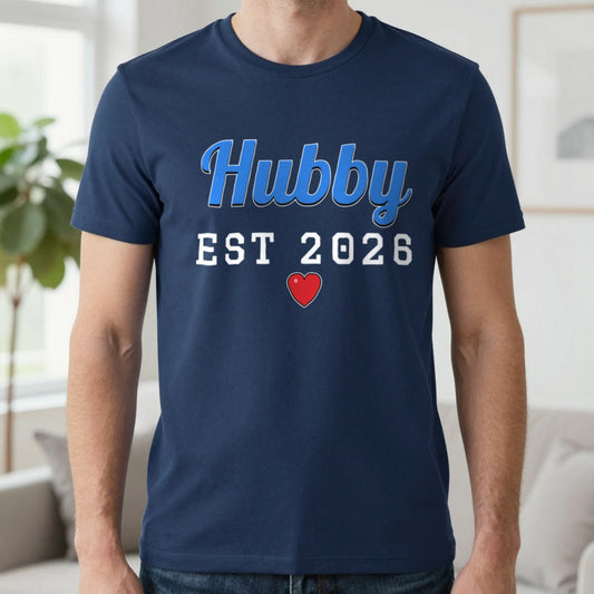 Personalised Hubby Est. T-Shirt T-Shirt in Navy, worn, our photo