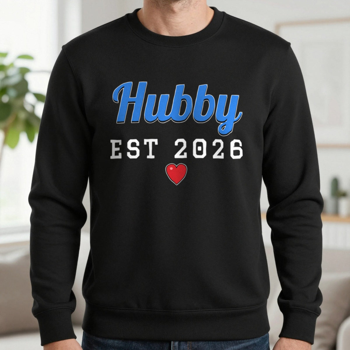 Personalised Hubby Est. T-Shirt Sweatshirt in Black, worn, our photo