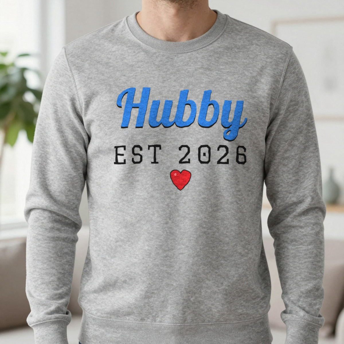 Personalised Hubby Est. T-Shirt Sweatshirt in Sport Grey, worn, our photo