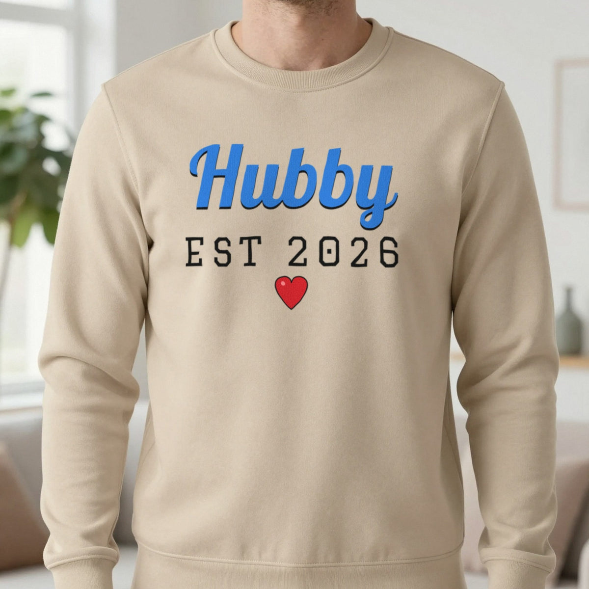 Personalised Hubby Est. T-Shirt Sweatshirt in Sand, worn, our photo